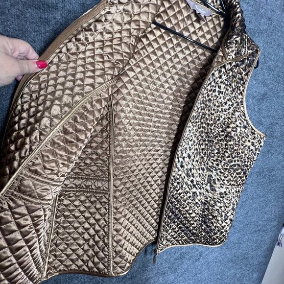 Tanjay Quilted Vest Womens Sz 16 Gold Black Leopard Print Zip Up Y2K Safari Wild - Picture 3 of 8